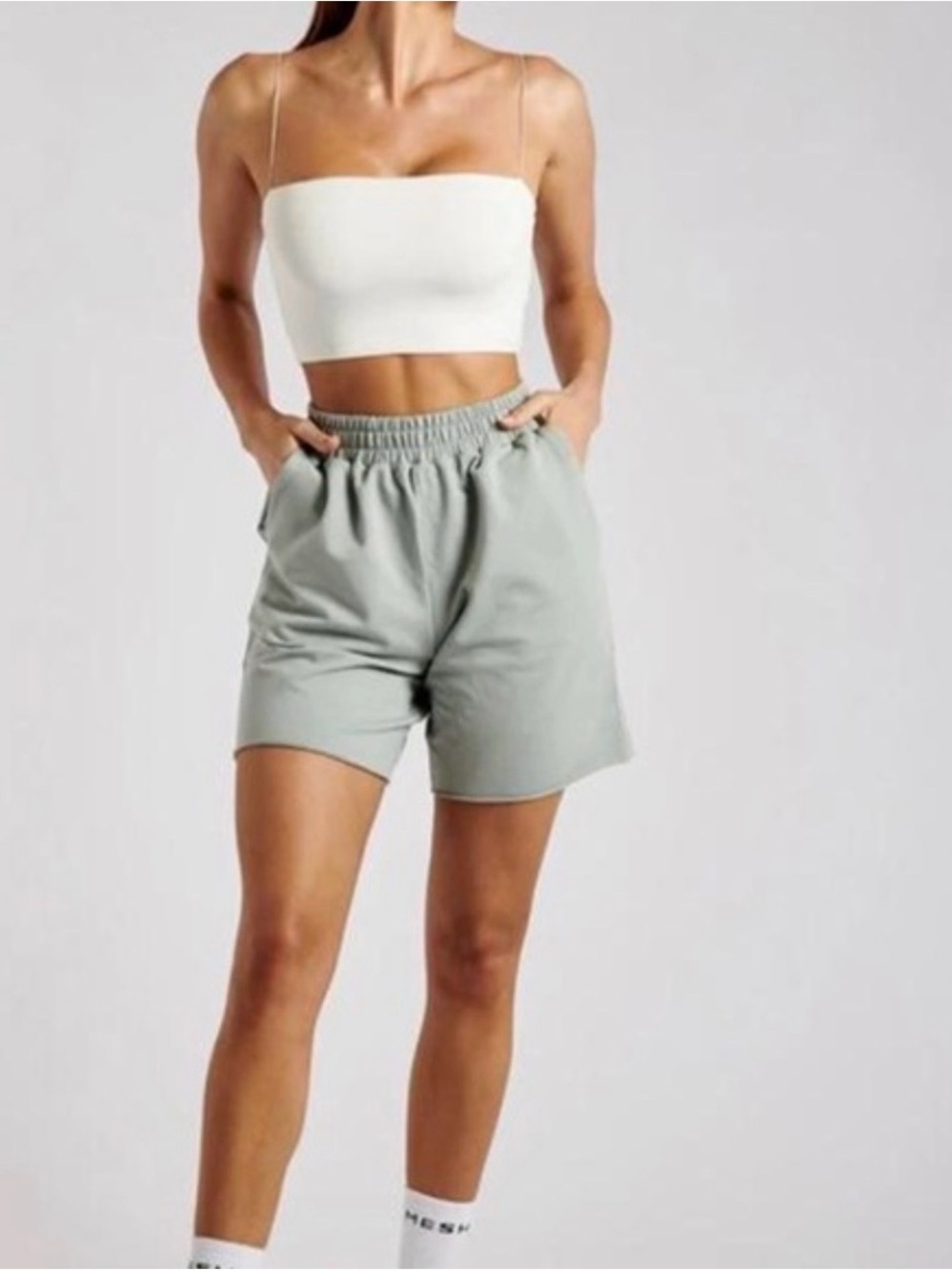 NWT Meshki Basics Paloma Long Shorts Storm Sage Green Size S. Lounge Athleisure